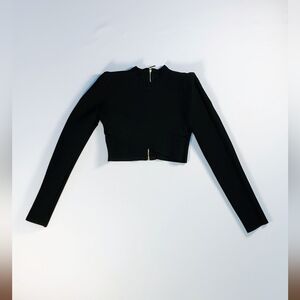 Black Cropped Long Sleeve Zip-Front Top